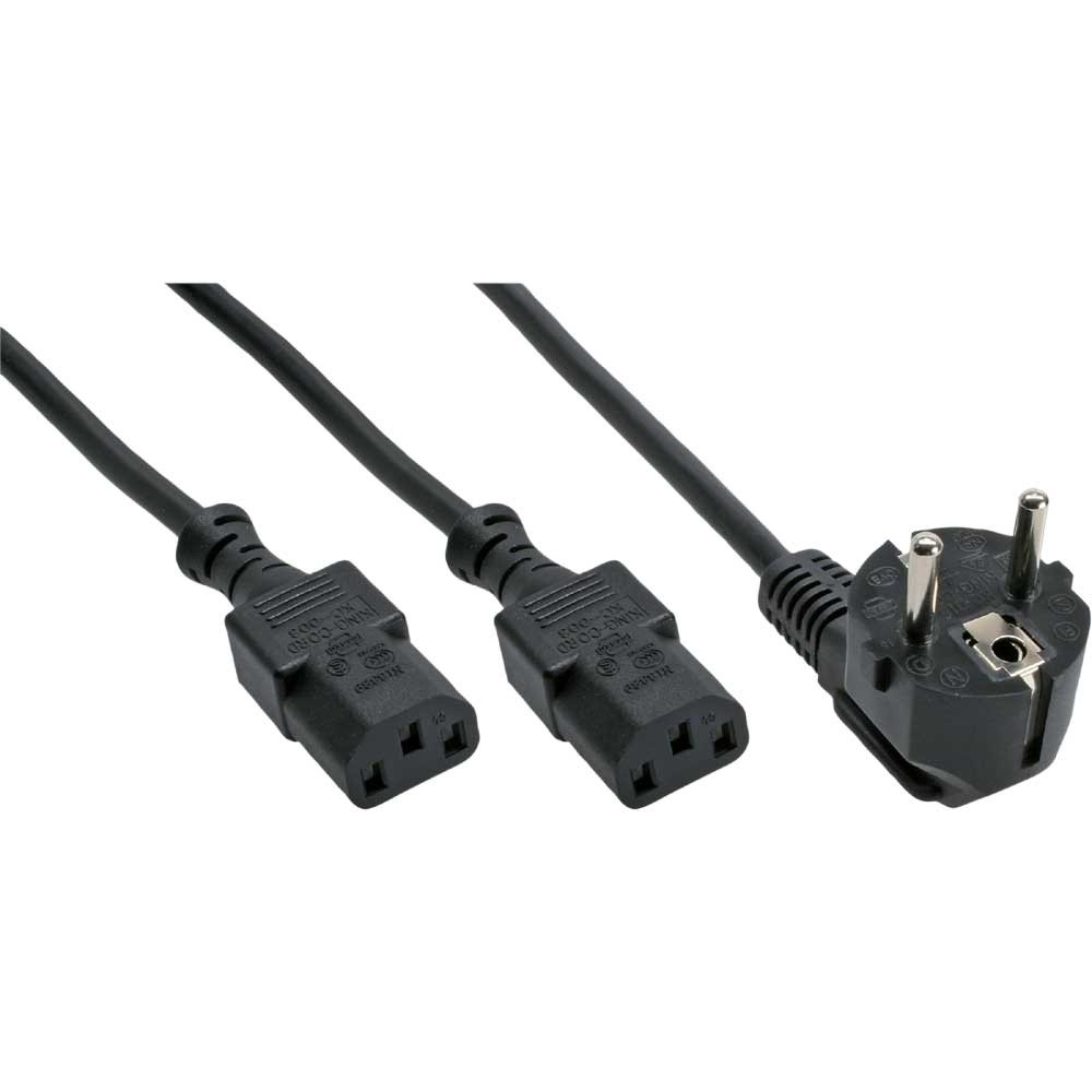 inLine Netz-Y-Kabel, 1x Schutzkontakt- zu 2x Kaltgerätestecker, 1,8m